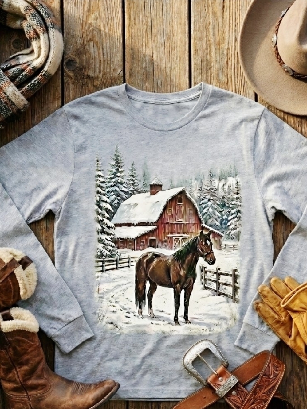 Winter Horse Barn Long Sleeve • Rustic Country Graphic Top • Western Snow Scene
